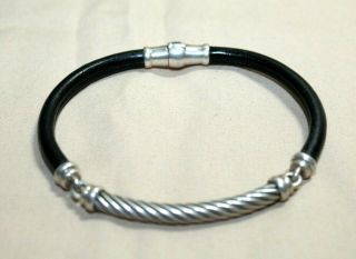 David Yurman Mens Vintage Sterling Silver Cable W/ Leather Cord Bracelet