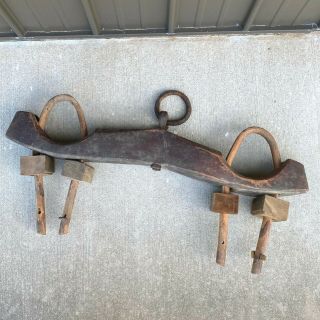 Antique Vtg 46 " Early Wood Ox Bow Neck Yoke Hand Carved Forged Iron Primitive