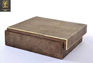 Vintage R & Y Augousti Paris Shagreen Stingray Veneer Wood Carved Jewelry Box