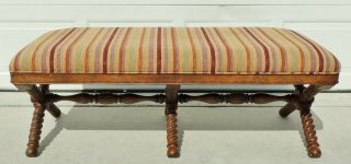 Large Vintage 54 " Solid Oak Wood Carved Barley Twist Upholstered Striped Bench