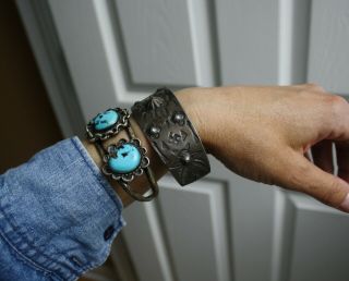 Vintage Harvey Era Navajo Sterling Silver Whirling Log Cuff Bracelet Large Size 3