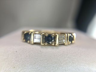 Vintage 14k Yellow Gold Natural Baguette Cut Diamond Round Sapphire Band Ring