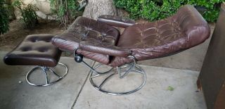 Vintage Ekornes Stressless Recliner Leather Chair W/ Ottoman Chrome Mcm Norway