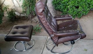 Vintage Ekornes Stressless Recliner Leather Chair W/ Ottoman Chrome MCM Norway 2