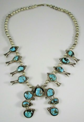 Turquoise Squash Blossom Necklace Sterling Silver Vintage Southwest 81.  6 Grams
