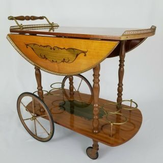 Vintage Italian Venetian Drop Leaf Wood Marquetry Brass Bar Tea Cart Trolley