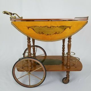 Vintage Italian Venetian Drop Leaf Wood Marquetry Brass Bar Tea Cart Trolley 2
