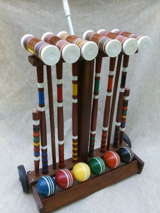 Vintage Forster Croquet Set Skowhegan Deluxe 6 Player Wheeled Stand Retro Chic