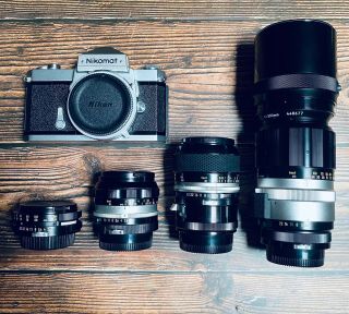 , Vintage Nikon Nikkormat Ft Film Slr Camera With 4 Nikkor Lens.  Offers Accepted,