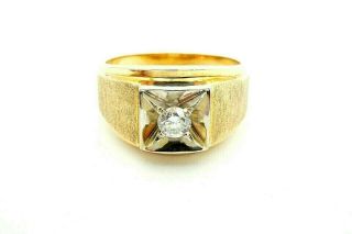 Vtg 10k Solid Yellow Gold 0.  15 Carat Solitaire Natural Diamond Mens Ring Size 13