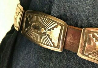 Vintage Navajo Signed Archie Martinez Sterling Silver & Leather Belt 37 "