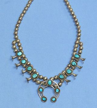 Vintage Navajo Sterling Silver Squash Blossom Necklace With Turquoise Beads