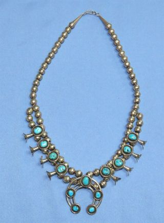 Vintage Navajo sterling silver squash blossom necklace with turquoise beads 2
