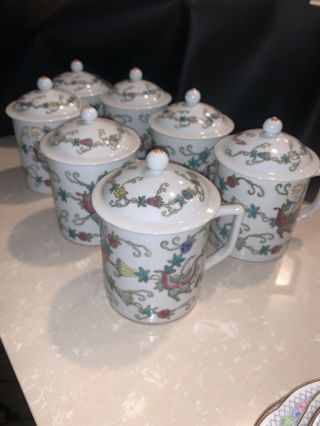 Liberace Owned Vintage Chinese Porcelain Butterfly Mun Shou Mug & Lid.  Set Of 7