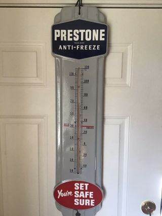 Vintage Prestone Anti - Freeze Thermometer Porcelain Gas Oil Sign Advertising 36”
