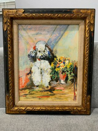Vintage Oil On Canvas Board Abstract Impressionist Painting Poodle & Flowers