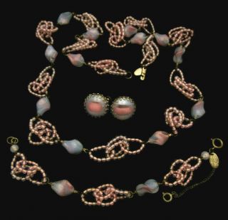 Rare Vtg Signed Miriam Haskell Pink Purple Glass Necklace Bracelet Earrings Set