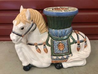 Vintage Large Kneeling Horse Garden Stool Glazed Ceramic Table Seat Statue