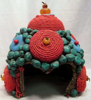 Vintage Handmade Tibetan Turquoise & Coral Stone Ceremonial Headdress Hat Helmet