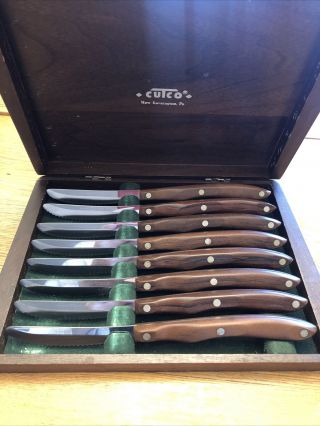 Vintage Cutco 1059 Set Of 8 Wooden Handle Steak Knives In Wood Case