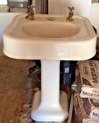 Local Pickup Vintage Cast Iron White Porcelain Pedestal Sink Brass Hardware