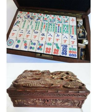 Vintage Cow Bone & Bamboo Mah Jong Set In Thick Carved Dragon Case 1920’s