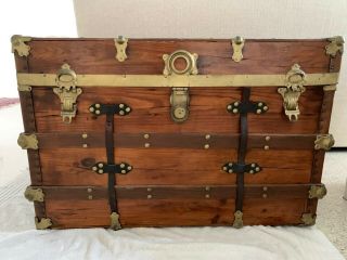 Vintage Steamer Trunk Storage Chest Train Luggage Antique Wood Box Coffee Table