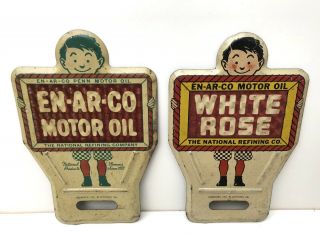 2 Vintage White Rose And En - Ar - Co (en - Ar - Co Motor Oil) License Plate Toppers.