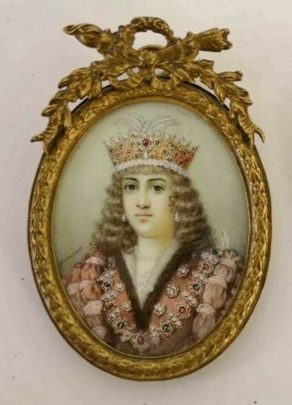 Antique Hand Painted Miniature Portrait Of The Queen,  In Bronze Frame,  Vintage