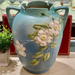 Vintage Roseville Pottery White Rose Blue Vase Large Shape Number 991 - 12