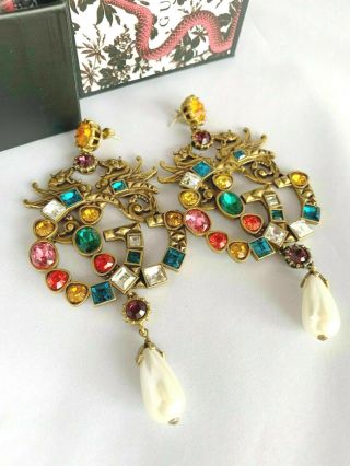 Gucci Antique Gold Finish Doable G Multicolored Huge Earrings With White Pearl