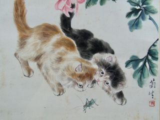 Vintage 20th C.  Chinese Oriental Painting Watercolour Cats Red Seal Signed Art