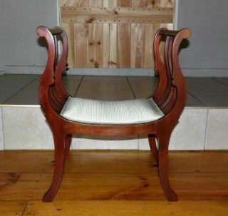Vintage Mahogany French Regency Style Curule Bench Upholstered Vanity Chair 2