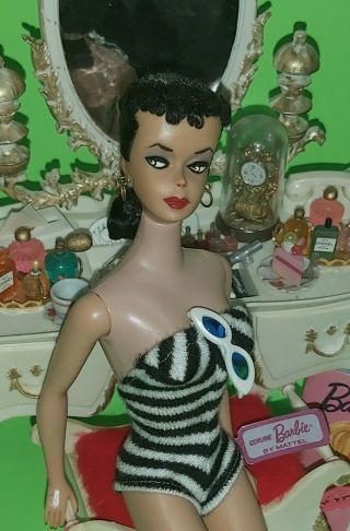 1959 Mattel Customized Barbie 2 Brunette Doll W Swimsuit And Access