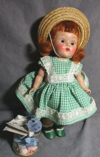 Vintage Vogue Ginny Doll - 1951 - Red Hair 80 In Green W/curlers,  Tag & Shoes