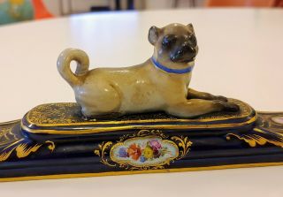 Vintage Antique Meissen Art Porcelain Pug Dog Paperweight 1800s Old Blue Gold Mt
