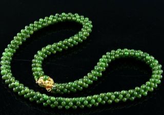 Fine Vintage Chinese Gold Gilt Silver & Spinach Jade Beaded Necklace