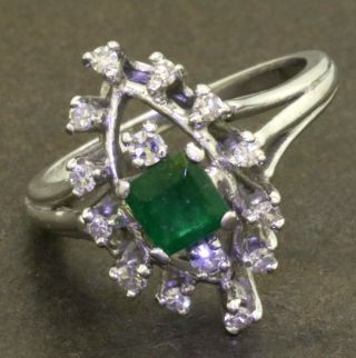 Vintage 14k Wg 1.  0ct Vs1/g Diamond & Emerald Cluster Cocktail Ring Size 6.  25