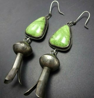Vintage Navajo Sterling Silver Lime Green Gaspeite Squash Blossom Earrings