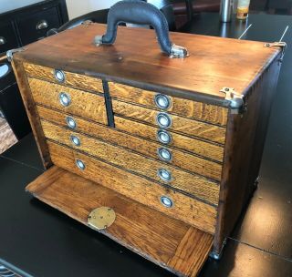 Antique 8 Drawer Wood Machinist Tool Chest Box Vintage Cabinet Oak Union