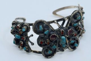 Vintage Butterfly Cuff Bracelet Sterling Silver Amethyst Turquoise Coral Mexico