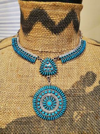 Vintage Signed Zuni Turquoise Needlepoint Sterling Silver Necklace