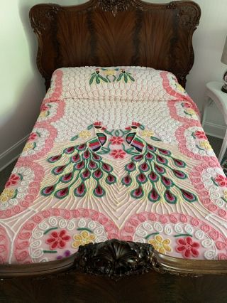 Gorgeous Pink Double Peacock Flowers Vintage Chenille Bedspread 90x96”