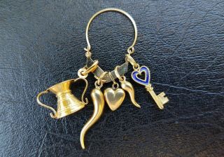 Vintage Italian 14k & 18k Gold Charms On Ring Heart Key Chalice Chili Peppers