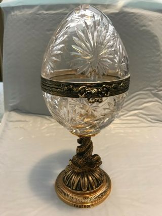 Vtg Faberge Crystal Imperial Egg With Gold Ribbon Brass Base Open 