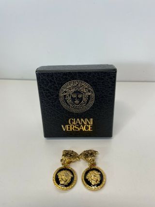 Rare Vtg Gianni Versace Gold & Black Medusa Dangle Clip Earrings