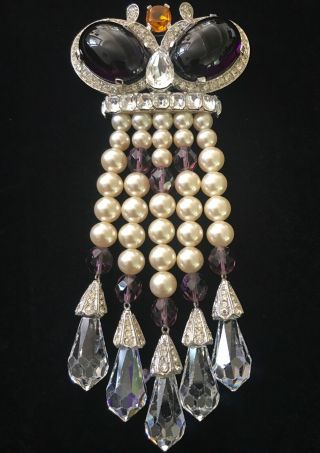 Rare Vintage Jomaz 5 1/2 " Long Mogul Brooch With Faceted Crystal Drops