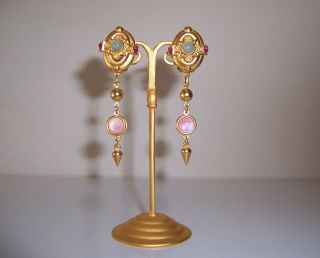 Vtg Jeweled,  Natasha Stambouli,  Signed,  Couture,  Dangle Clip Earrings,  24k Gp,  Semi Pr
