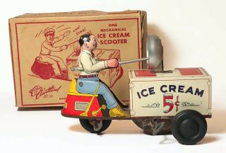Rare Vintage Tin Toy Windup Ice Cream Scooter W/box Courtland Mfg.  1950