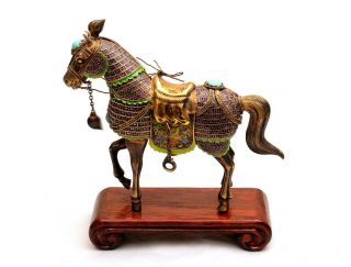 Vintage Chinese Silver - Gilt Polychrome Enamel Turquoise Horse Figurine